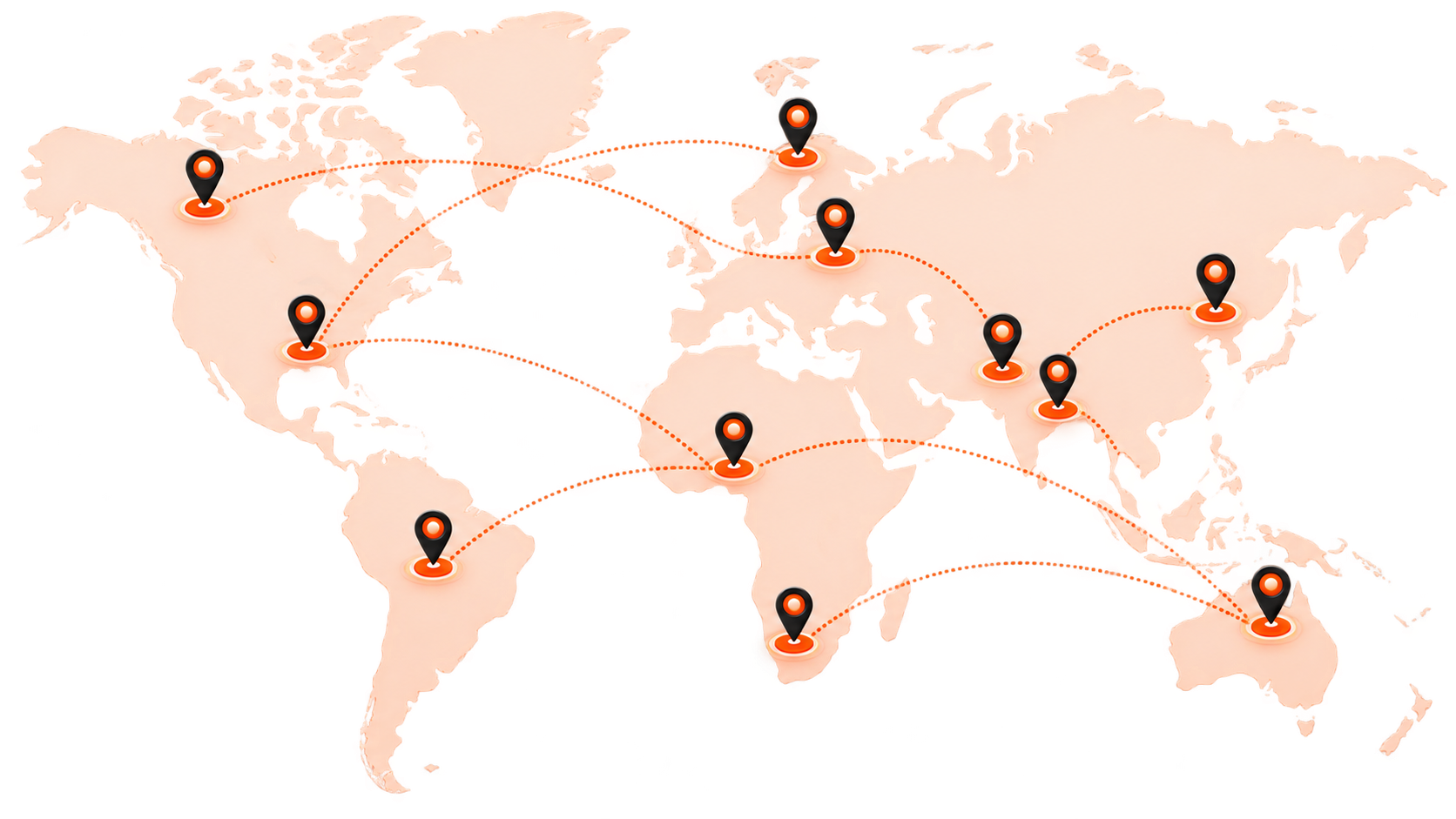 Global data center network map with locations in Canada, the United States, Brazil, Finland, Ukraine, Nigeria, South Africa, India, Bangladesh, China and Australia